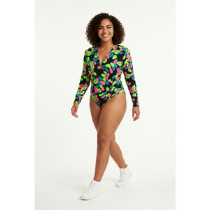 Womens ZARA Black Neon Floral‎ Lg Sleeve Bodysuit Top XS Retro Y2K Funky Playful